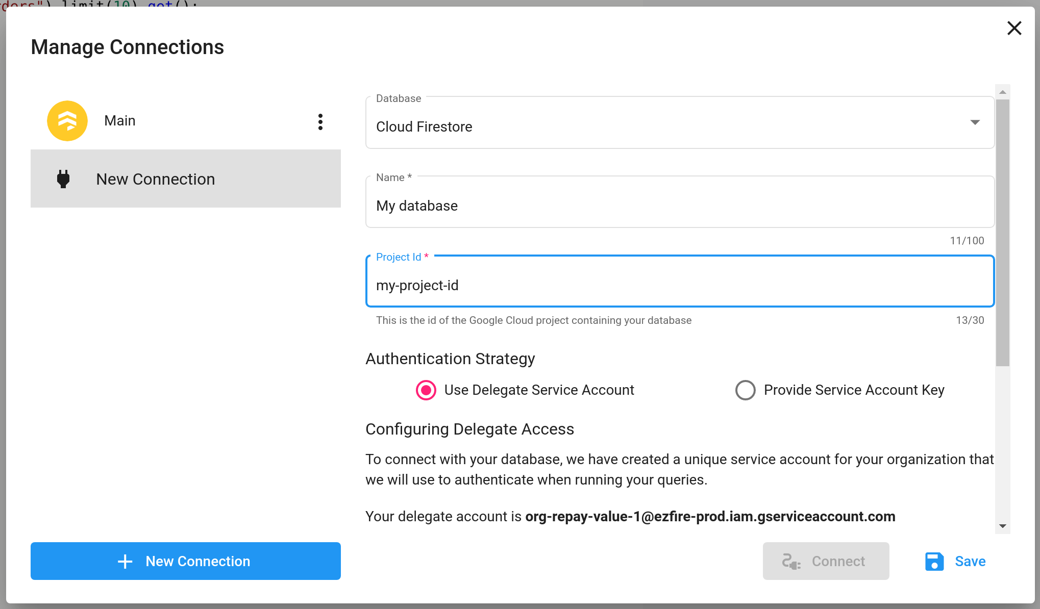 Connection using the delegate service account